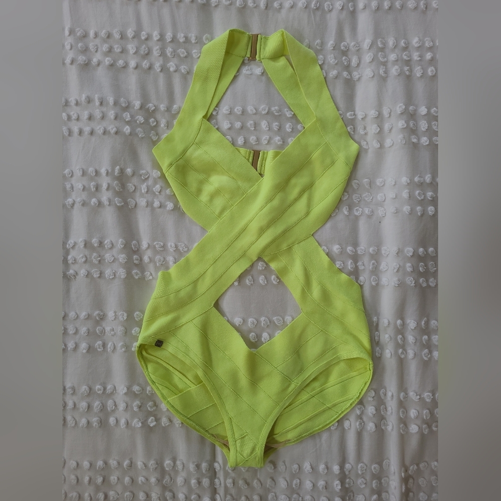 Herve Leger Cutout Bandage Swimsuit Lime Green Small